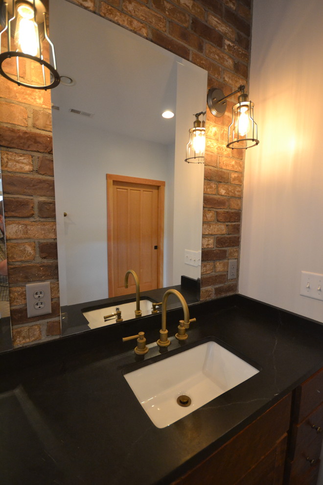 Mid-sized transitional master beige tile and porcelain tile porcelain tile freestanding bathtub photo with soapstone countertops