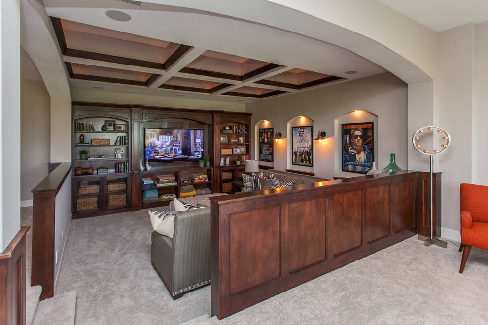Photo of a transitional open concept home theatre in Other with carpet and a built-in media wall.