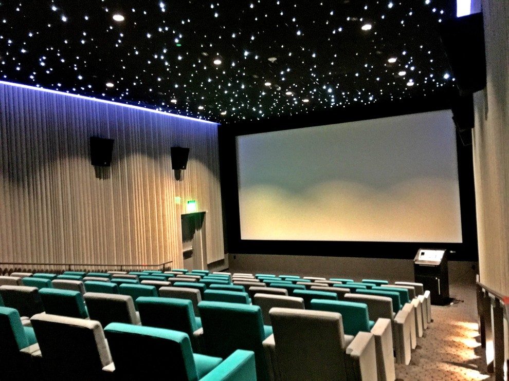 Photo of a large contemporary enclosed home theatre in Los Angeles with beige walls, carpet and a projector screen.