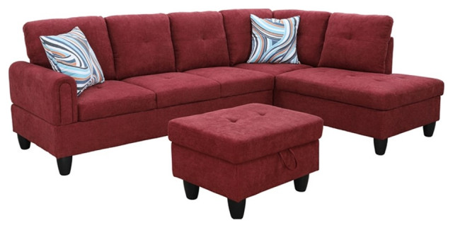 Star Home Living 3PC Flannelette Sectional Sofa with Ottoman (Red)