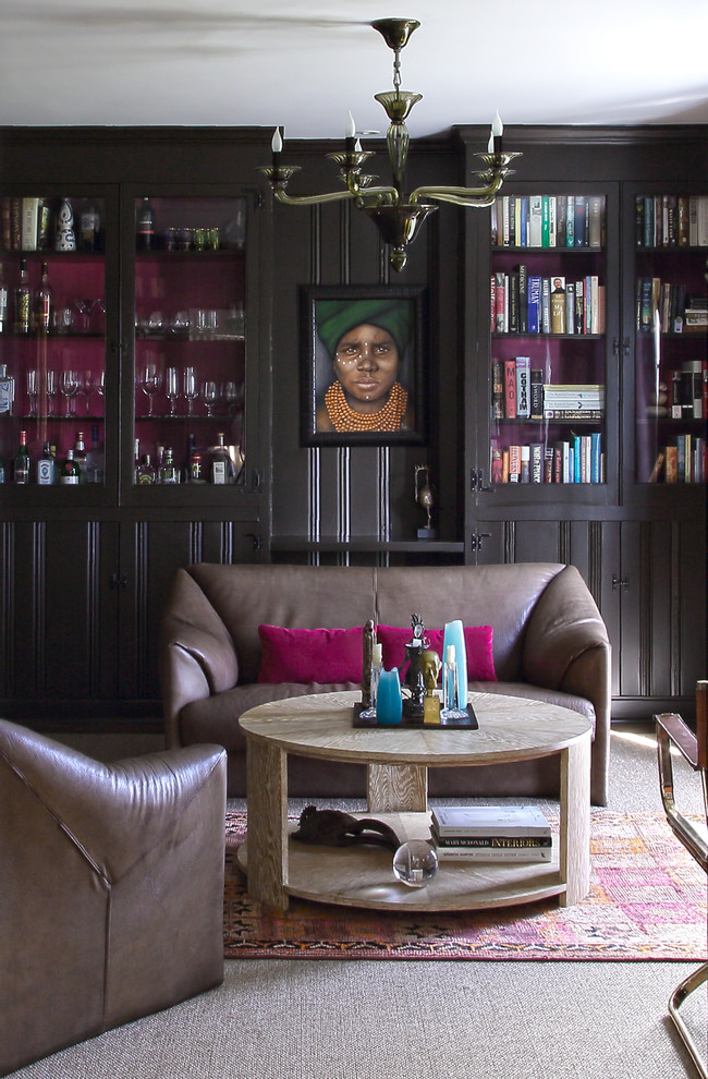 Transitional carpeted and gray floor living room photo in New York with black walls