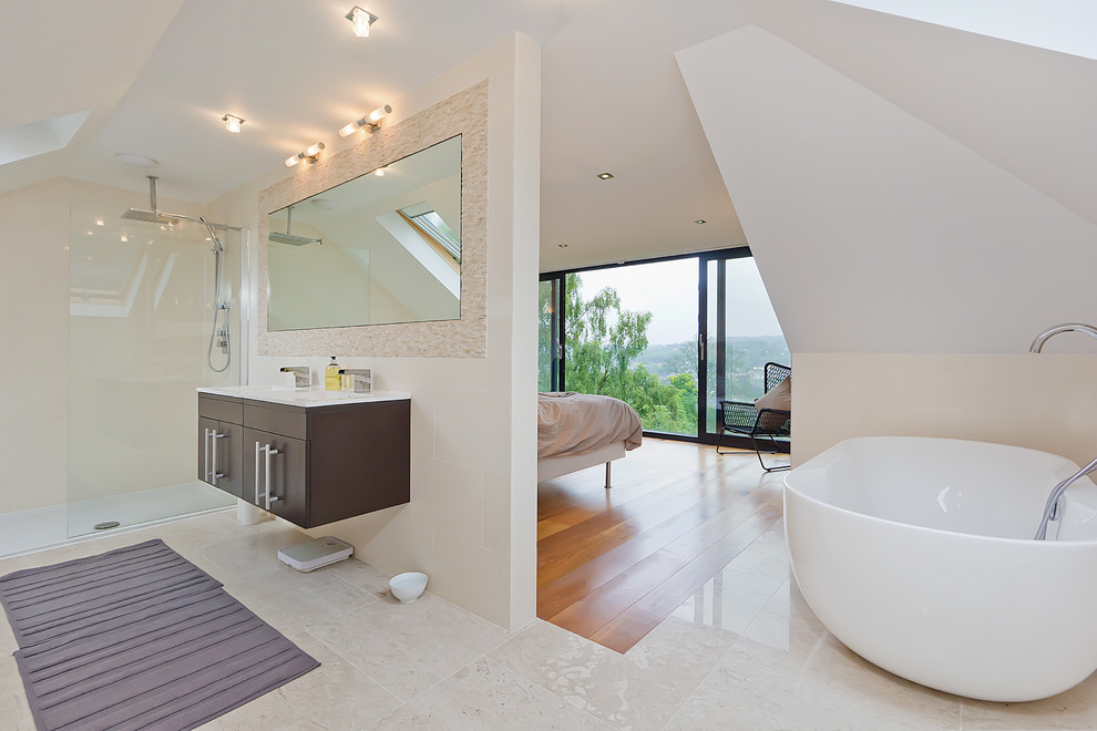 Design ideas for a contemporary bathroom in Sussex with an open shower and an open shower.
