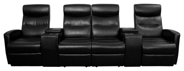 Anetos Series 4-Seat Reclining Black Leather Theater Seating With Cup Holders