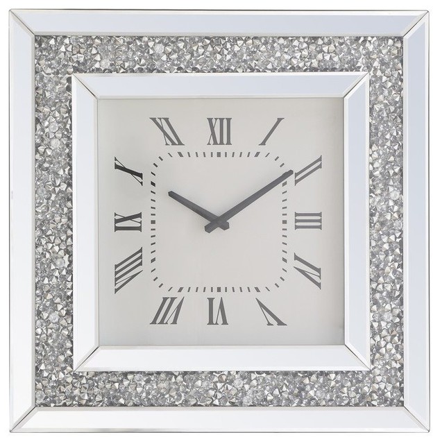 Elegant Modern 20" Square Crystal Wall Clock Silver Crystal