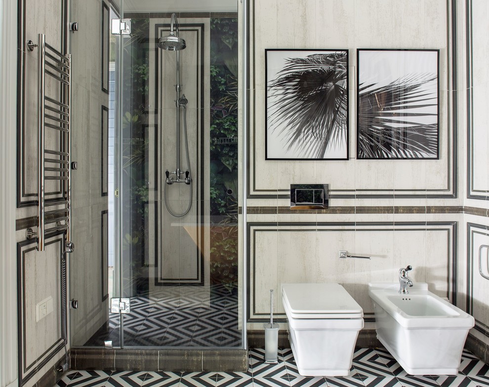 Inspiration for a mid-sized eclectic 3/4 bathroom in Moscow with white tile, multi-coloured floor, a hinged shower door, an alcove shower and a bidet.