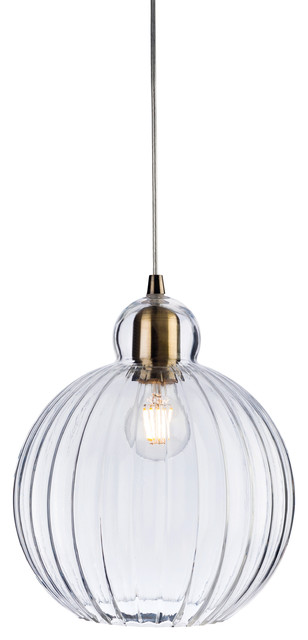 Victory Clear Round Glass Pendant Light, Antique Brass