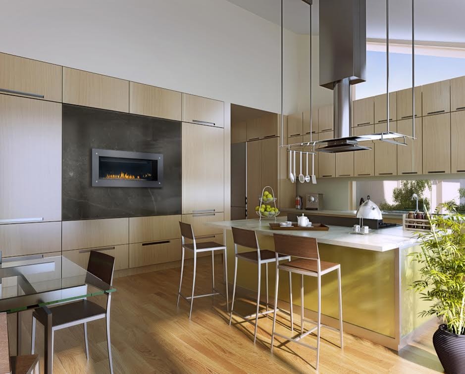 Large trendy l-shaped light wood floor eat-in kitchen photo in Calgary with flat-panel cabinets, light wood cabinets, stainless steel appliances, an island, a drop-in sink, laminate countertops and white backsplash