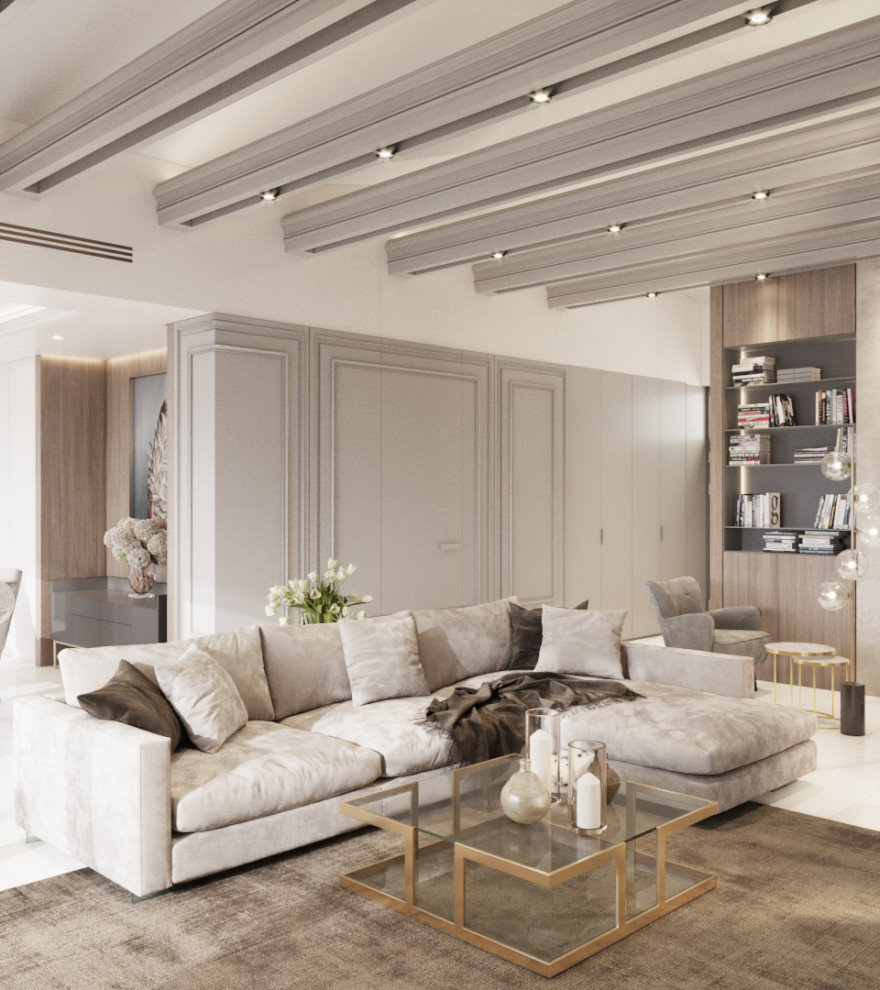 Idée de décoration pour un grand salon minimaliste avec un mur beige, un sol en marbre, une cheminée standard, un manteau de cheminée en brique, un téléviseur encastré, un sol beige, un plafond voûté et du lambris.