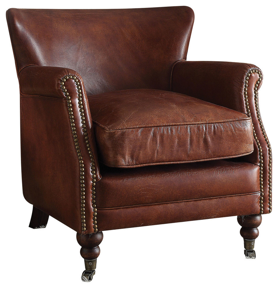 Leeds Top Grain Leather Accent Chair, Vintage Dark Brown Traditional