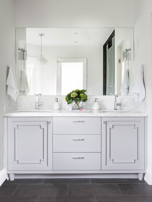Transitional Sophistication: Gray Cabinets and Black Floor Tiles in a Stylish Bathroom Vanity