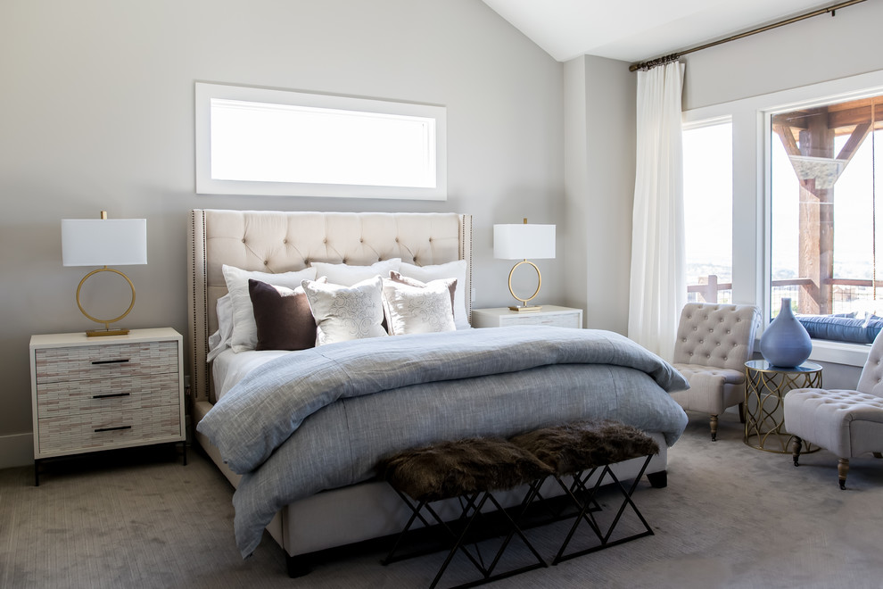 Inspiration for a large transitional master bedroom in Salt Lake City with grey walls, carpet, a standard fireplace and a metal fireplace surround.
