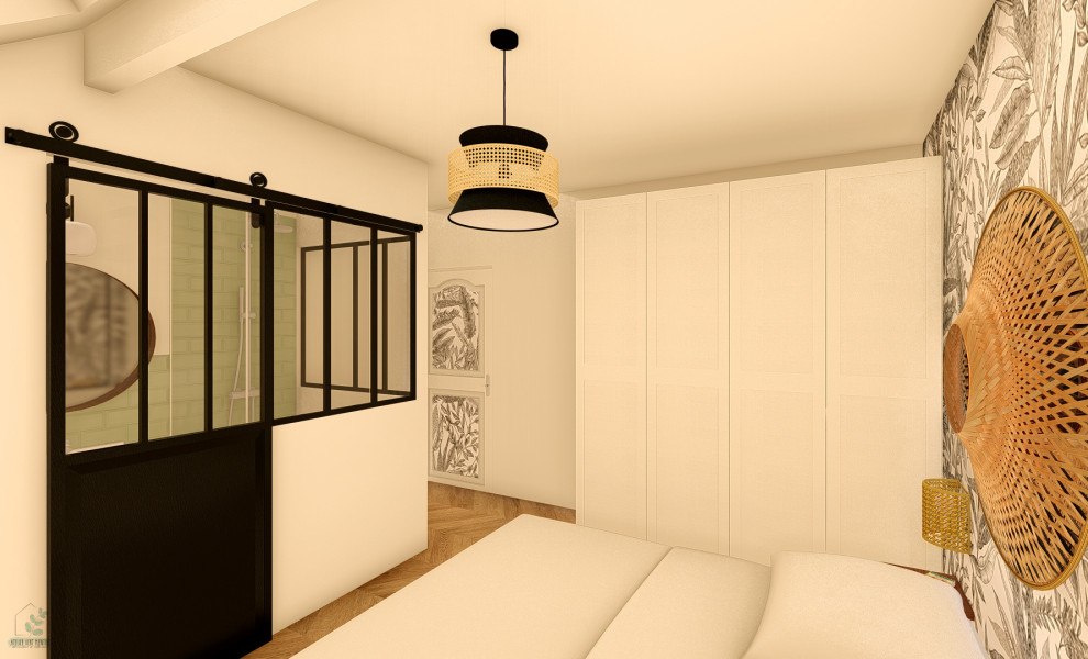 Mittelgroßes Hauptschlafzimmer mit weißer Wandfarbe und Laminat in Straßburg