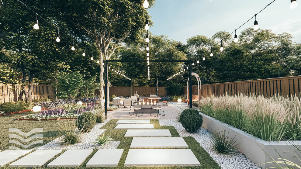 Modelo de jardín moderno de tamaño medio en patio trasero con jardín francés, privacidad, exposición parcial al sol y adoquines de hormigón