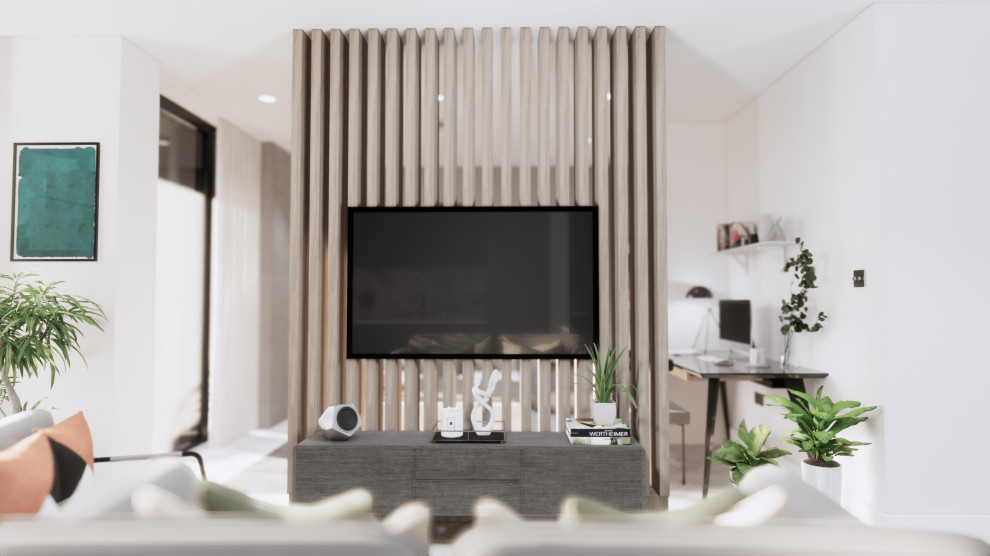 Kleines, Repräsentatives, Abgetrenntes Modernes Wohnzimmer in grau-weiß ohne Kamin mit grauer Wandfarbe, hellem Holzboden, TV-Wand und grauem Boden in Berkshire