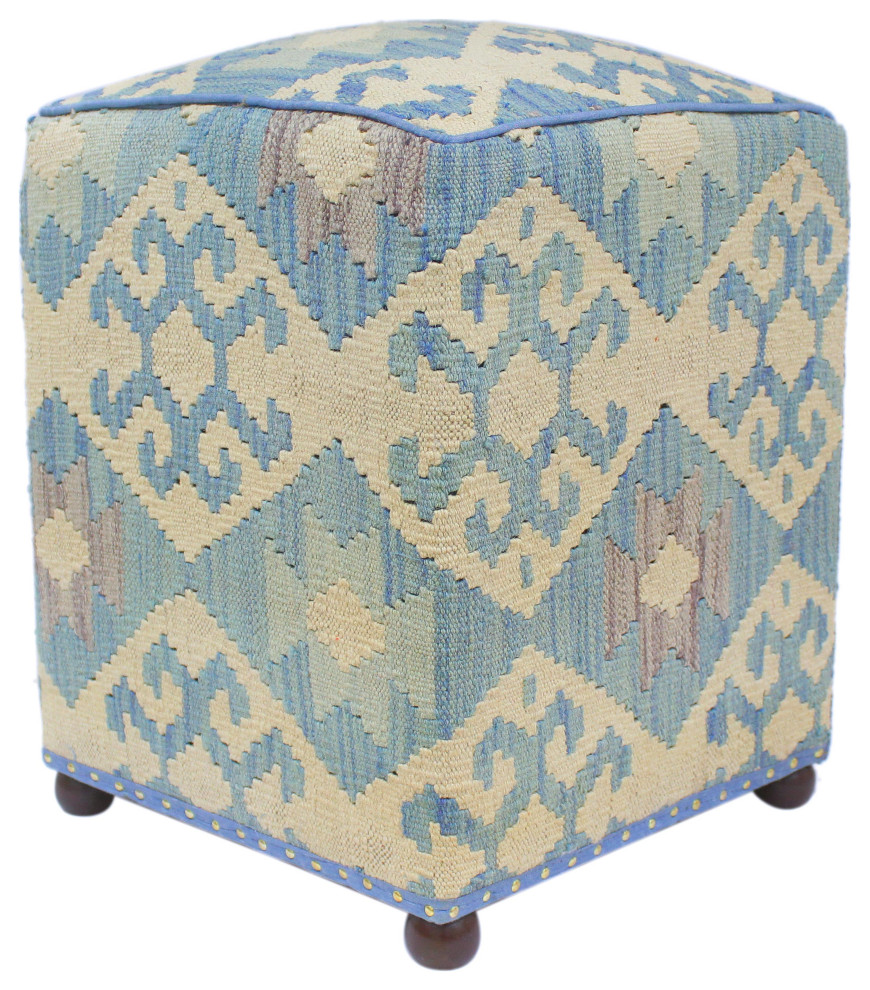 Boho Chic Marely Handmade Kilim Upholstered Ottoman Southwestern Living Room Furniture by