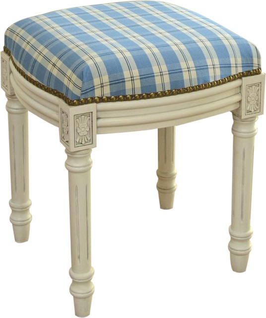 Vanity Stool Antique Whitewash Blue, Upholstered Vanity Stools And Benches