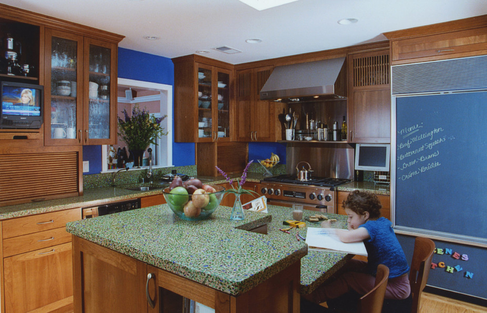 Traditional kitchen in San Francisco with recycled glass benchtops.