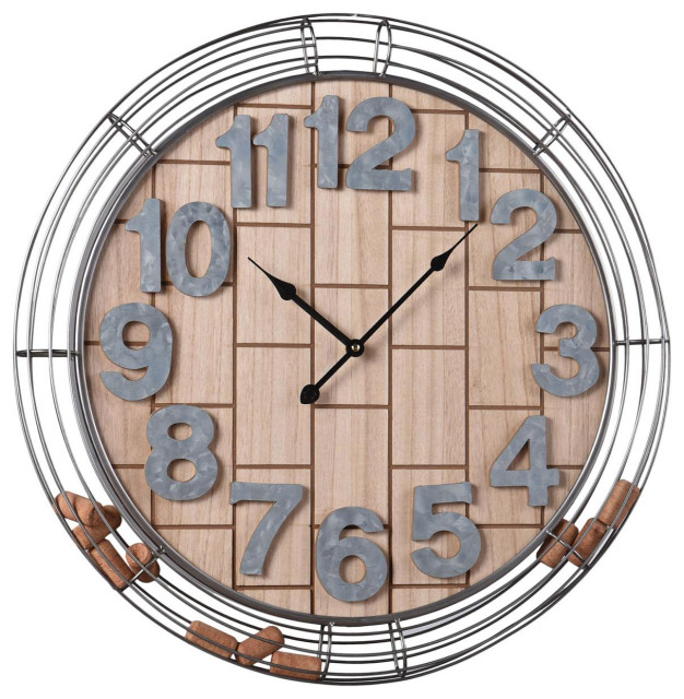 Cork Basket Wall Clock, Galvanized Silver Industrial Wall Clocks