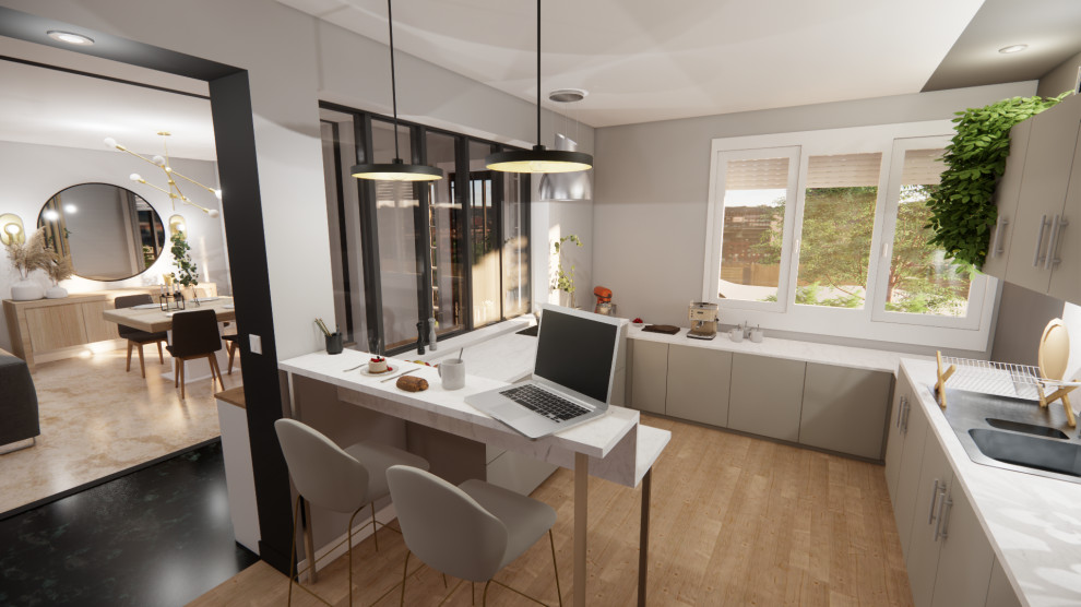 This is an example of a medium sized contemporary open plan kitchen in Dijon with a single-bowl sink, white cabinets, marble worktops, white appliances, light hardwood flooring, an island, beige floors and white worktops.