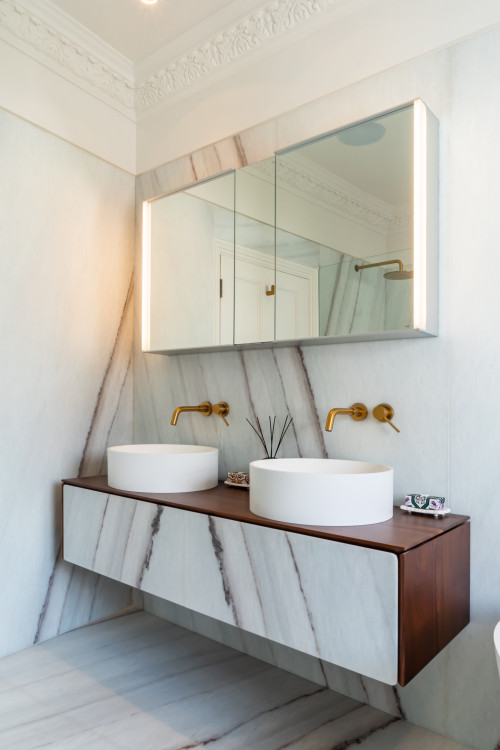 Contemporary Bathroom with Marble Backsplash and Mirrored Cabinet