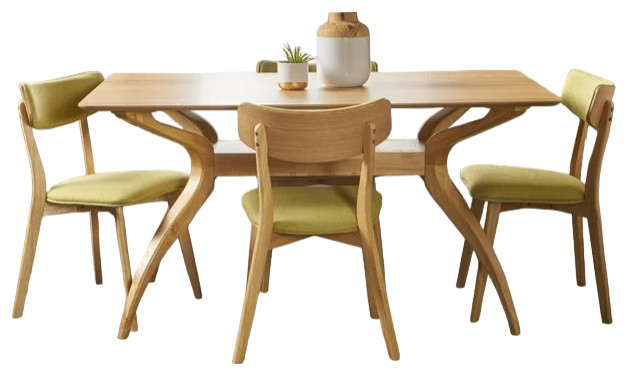 5 Pcs Dining Set, Padded Charis & Rectangular Table With Curved Legs, Green Tea