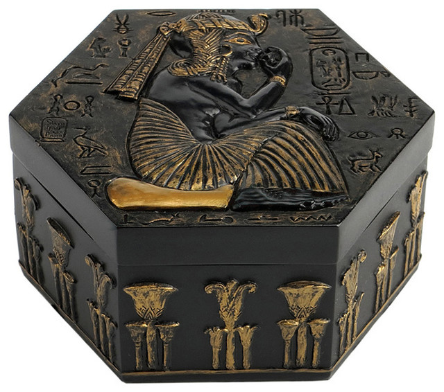 Gold Mystical Egyptian Styled Metal Trinket Jewellry Box With Ornate Images 