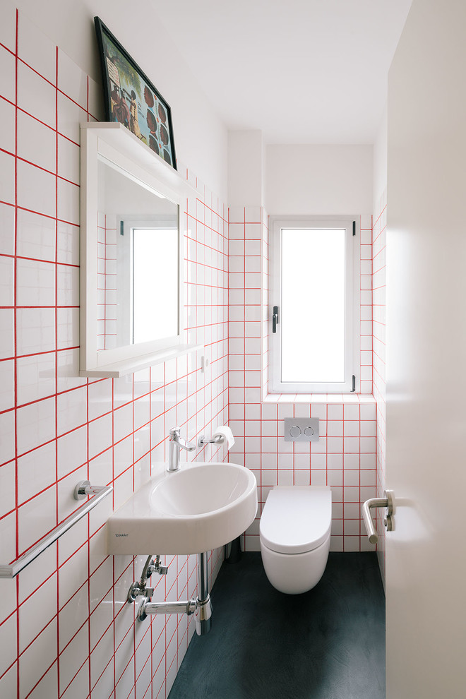 Aseo?[Diseño de aseo With sanitario de pared, paredes blancas and lavabo suspendido ]:[Diseño de aseos With sanitario de pared, paredes blancas and lavabo suspendido ]