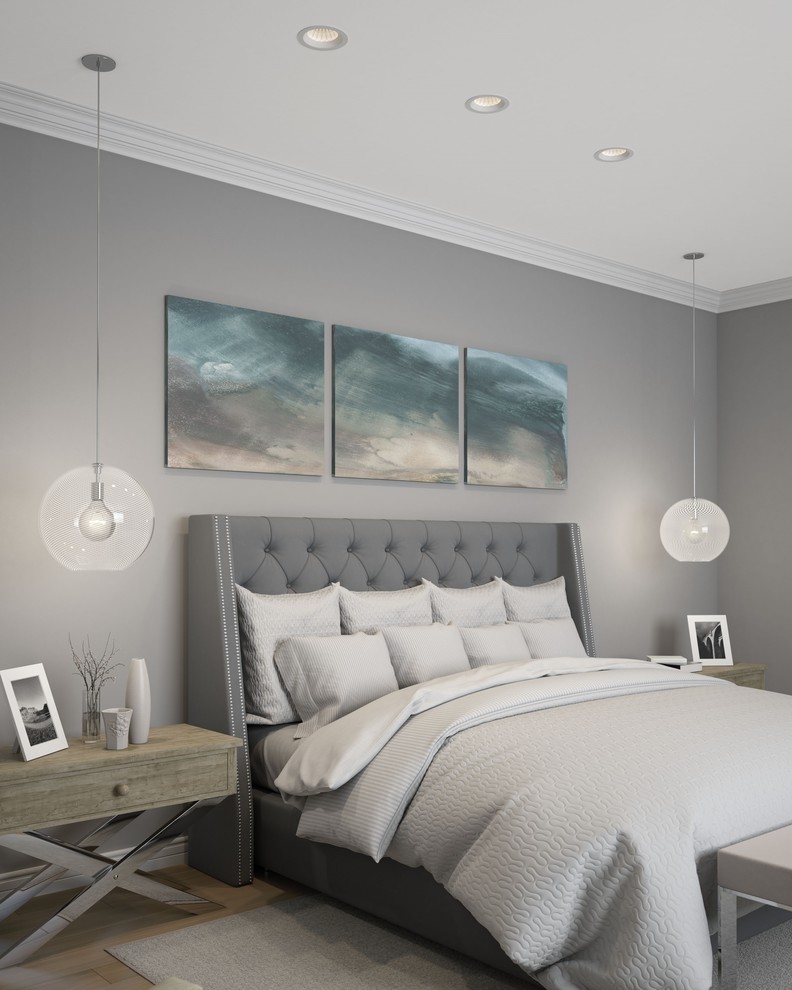 Inspiration for a mid-sized transitional master bedroom in New York with grey walls, light hardwood floors and no fireplace.