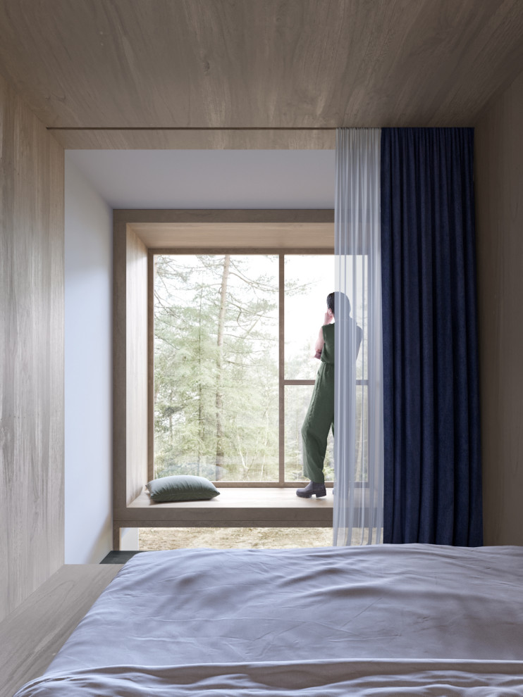 Источник вдохновения для домашнего уюта: спальня на антресоли в скандинавском стиле с деревянным потолком и деревянными стенами