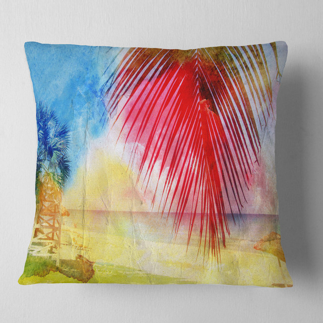 Retro Palm Leaf Watercolor Trees Painting Throw Pillow, 16"x16"