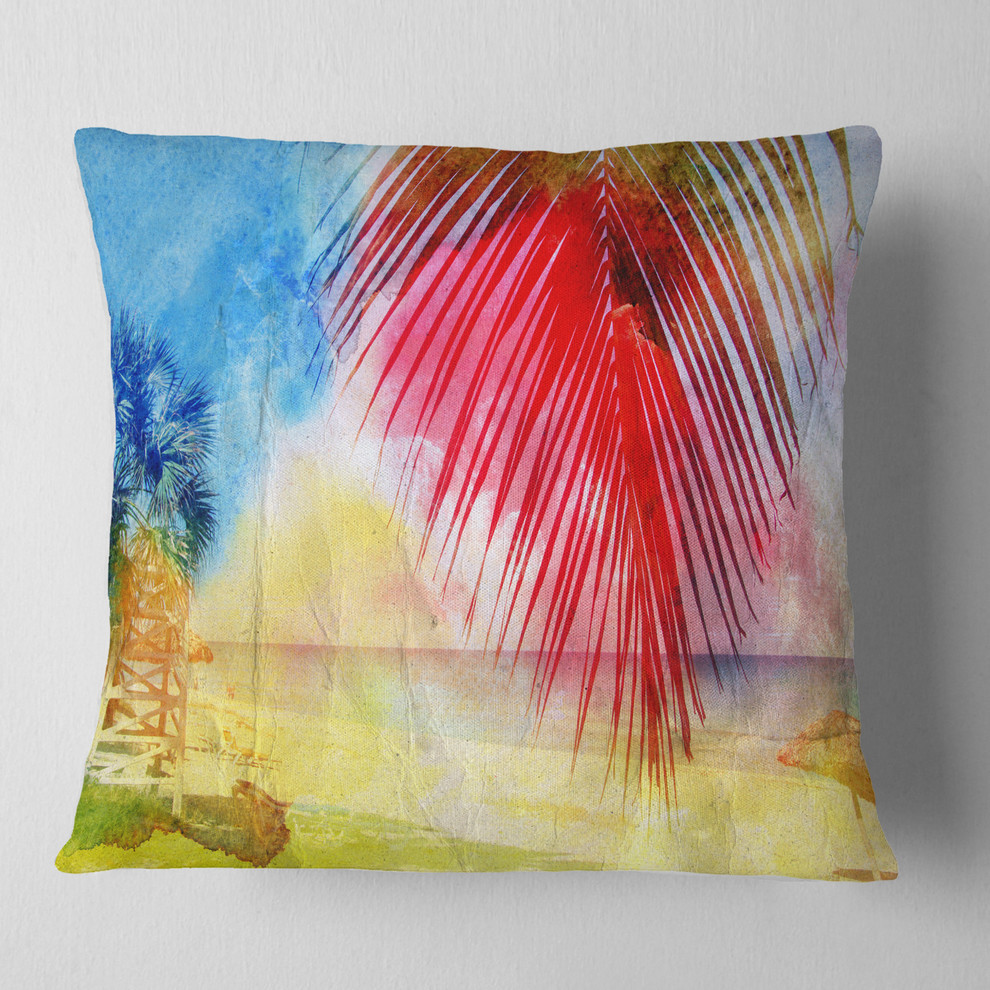 Retro Palm Leaf Watercolor Trees Painting Throw Pillow, 16"x16"