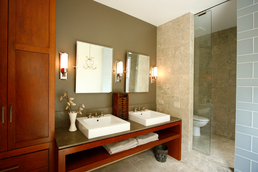 Mid-sized contemporary master bathroom in Chicago with a vessel sink, green walls, shaker cabinets, a drop-in tub, an open shower, blue tile, ceramic tile, marble floors, medium wood cabinets, a two-piece toilet, granite benchtops, an open shower and an enclosed toilet.