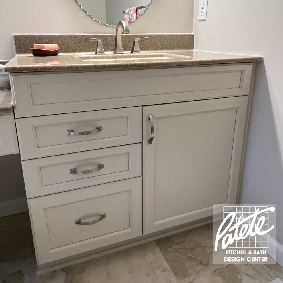 Inspiration for a traditional bathroom in Other with recessed-panel cabinets, white cabinets, beige tile, a drop-in sink, quartzite benchtops, beige benchtops, a double vanity and a built-in vanity.