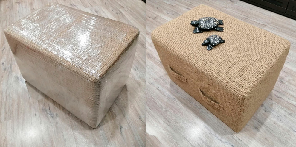 Выполненный проект. Вязаный пуф- журнальный столик.