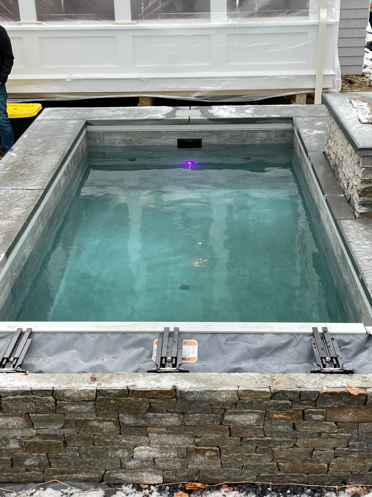 Cette image montre une grande piscine arrière design rectangle avec des solutions pour vis-à-vis et des pavés en pierre naturelle.