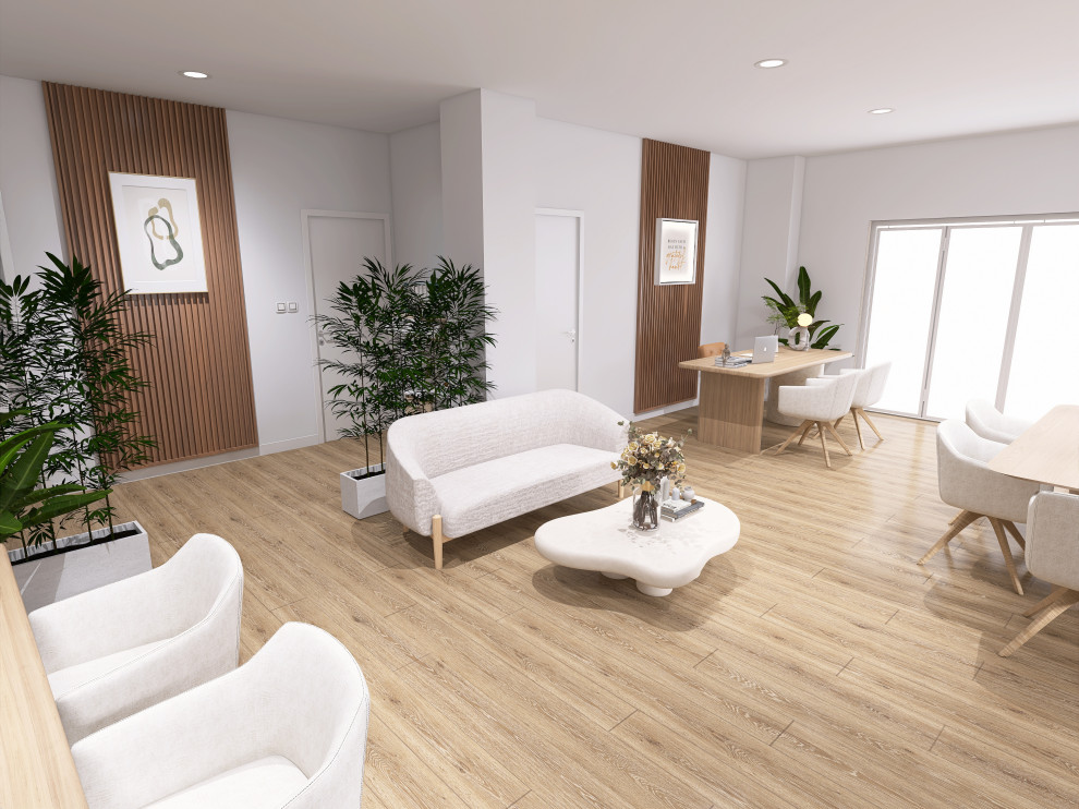 Diseño 3D de oficina inmobiliaria con atención al público