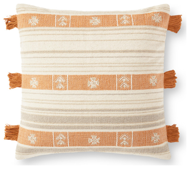 Natural, Orange 22"x22" HandCrafted Striped Rustic Fringed Accent Pillow