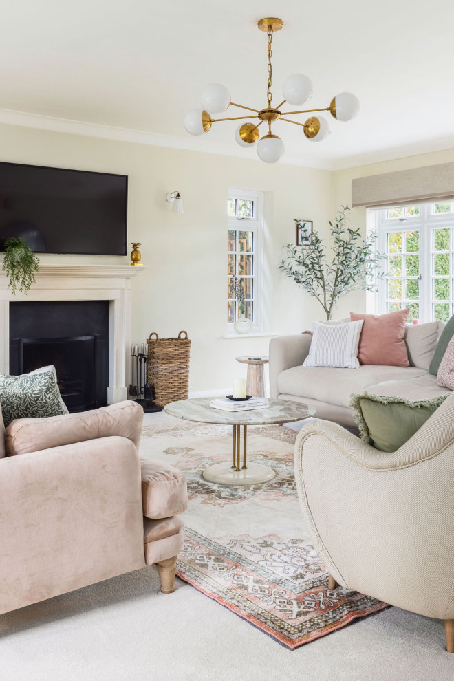 This is an example of a traditional formal and cream and black open plan living room curtain in London with beige walls, a standard fireplace, a plastered fireplace surround, a wall mounted tv and beige floors.
