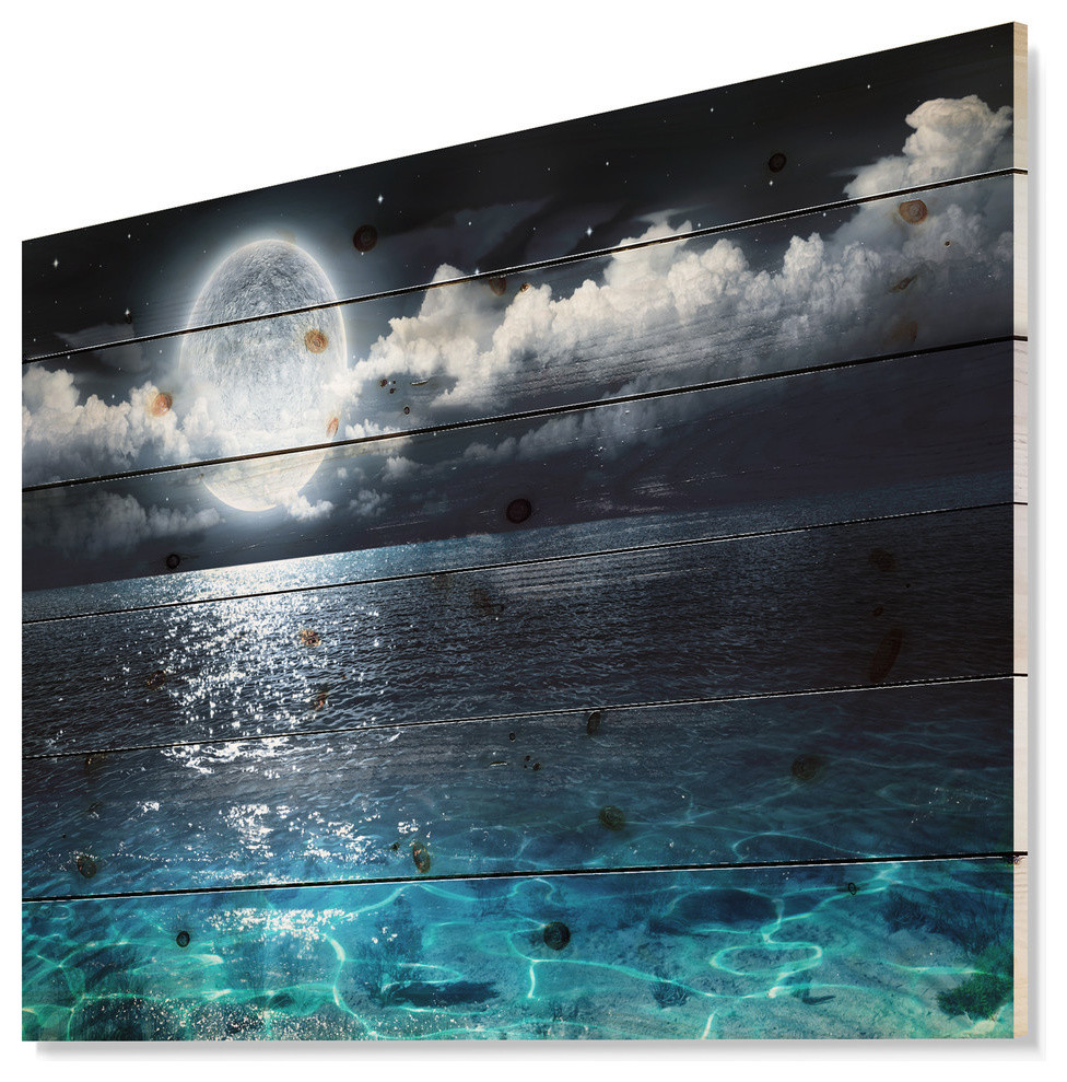 Designart Romantic Full Moon Over Sea Seascape Wood Wall Art Beach Style Prints And Posters By Designart Inc Houzz