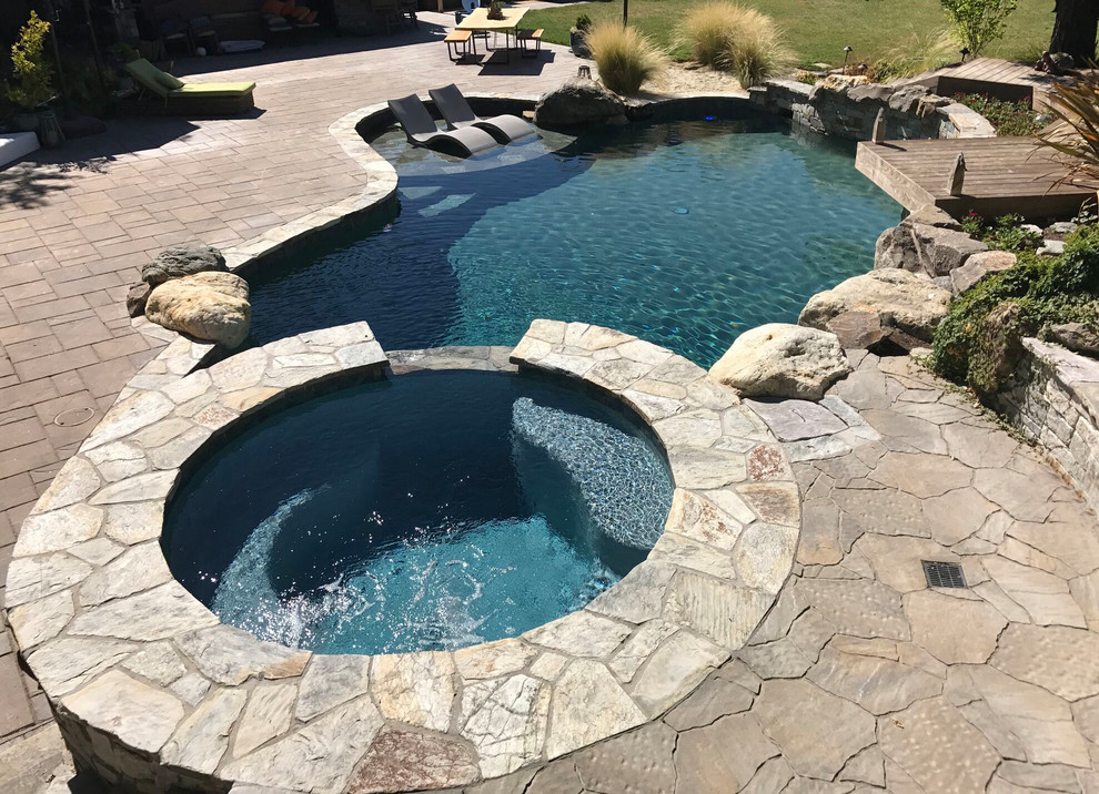 Large modern backyard custom-shaped natural pool in San Francisco with a hot tub and natural stone pavers.