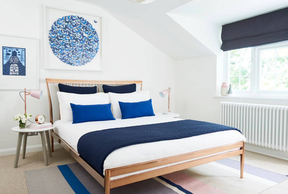 Design ideas for a bedroom in Buckinghamshire with white walls and carpet.