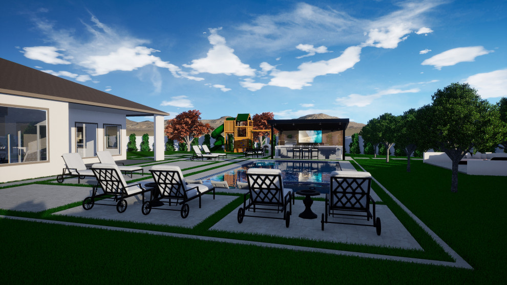 Inspiration for a large backyard stone and rectangular pool landscaping remodel in Phoenix