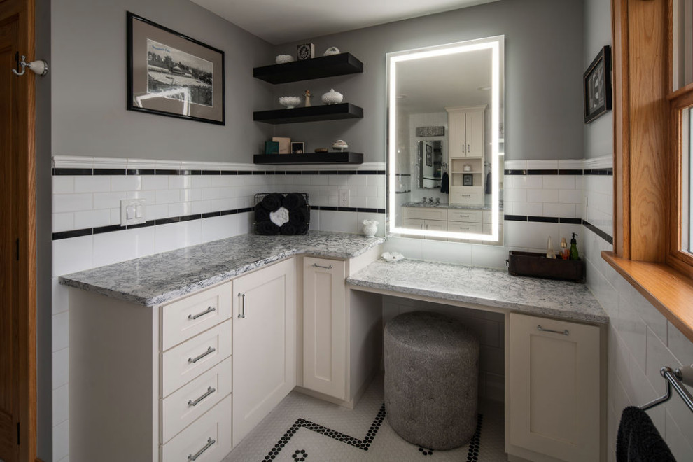 Photo of a large traditional master bathroom in Columbus with shaker cabinets, grey cabinets, a two-piece toilet, white tile, ceramic tile, grey walls, ceramic floors, engineered quartz benchtops, white floor and multi-coloured benchtops.