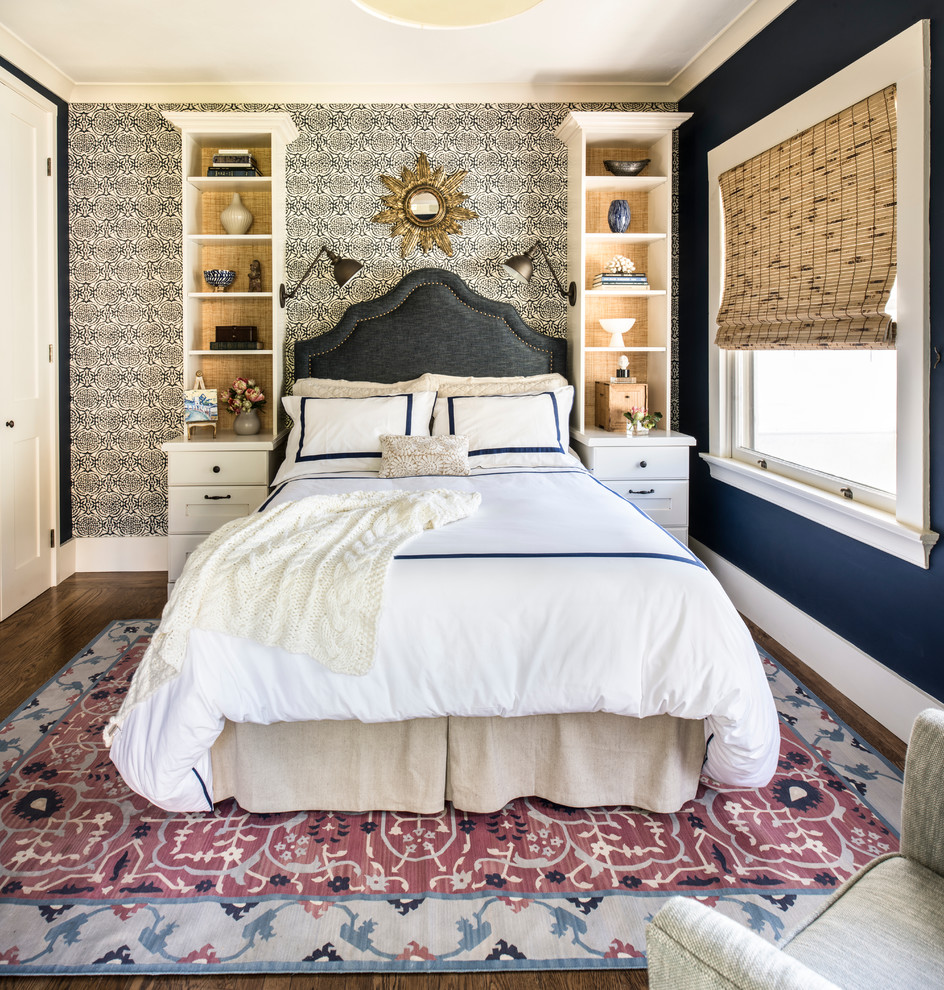 Transitional master bedroom in San Francisco with blue walls and medium hardwood floors.