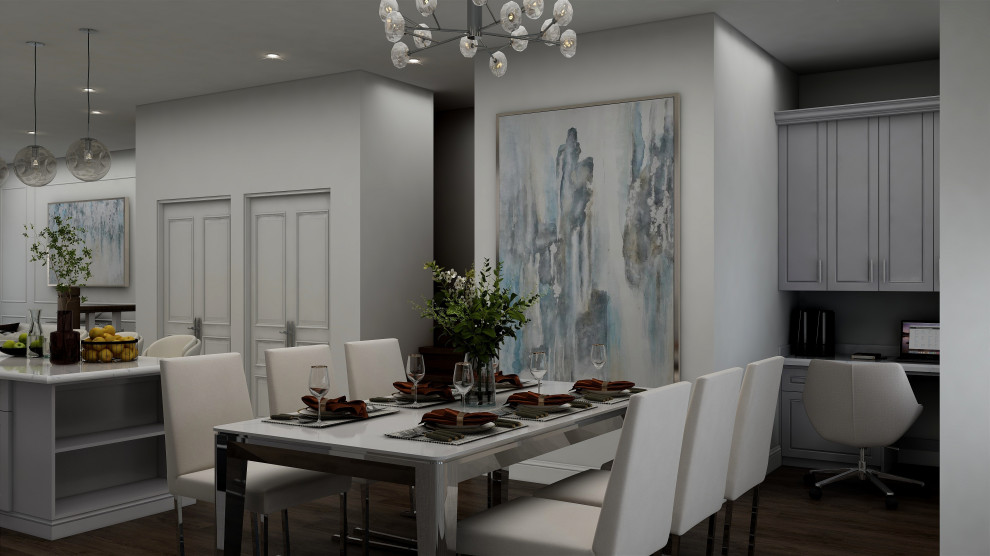 Exemple d'une salle à manger ouverte sur la cuisine moderne de taille moyenne avec un mur blanc, sol en stratifié, aucune cheminée, un sol marron et du lambris.