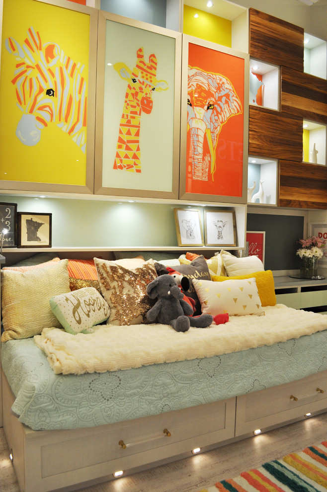 This is an example of a large eclectic master bedroom in Minneapolis with white walls and vinyl floors.
