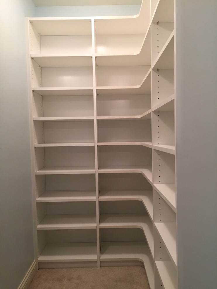 Mid-sized traditional walk-in wardrobe in Columbus with white cabinets and carpet.