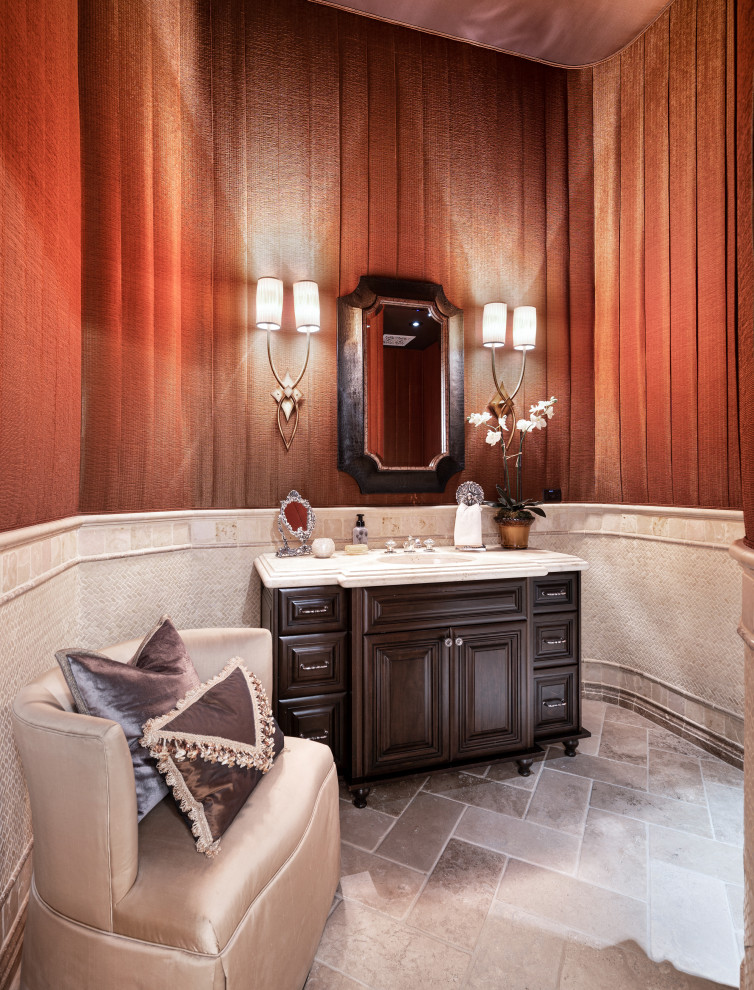 Inspiration pour un WC et toilettes minimaliste avec un placard avec porte à panneau surélevé, des portes de placard marrons, un mur rouge, carreaux de ciment au sol, meuble-lavabo encastré et un plafond décaissé.