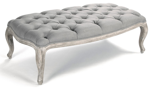 French Country On Tufted Ottoman Gray Linen Traditional French Country On Tufted Ottoman Gray Linen