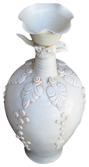 Unique Chinese Antique White Bird Carving Clay Vase